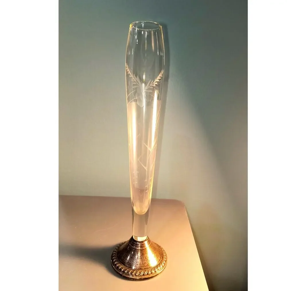 770. Duchin Creation Bud Vase Vintage Sterling Weighted basee Etched Glass